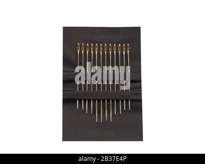 Set of steel sewing needles with golden needle's eyes isolated on white background Stock Photo