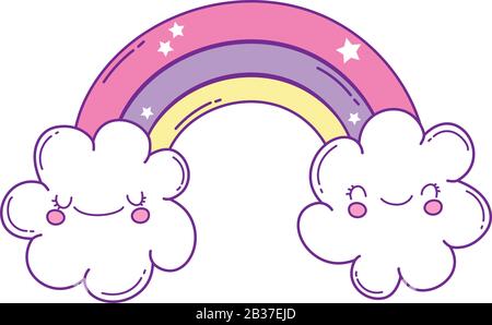 rainbow with clouds kawaii character vector illustration design Stock ...