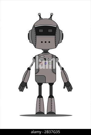 Iron Friendly Android Robot Character With Two Antennas. Stock Vector