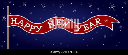 Red Flag, Ribbon With Handwritten "Happy New Year!" On A Blue Background With Snowflakes. For Decoration, Greeting Cards, Scrapbooking. Lettering. Stock Vector