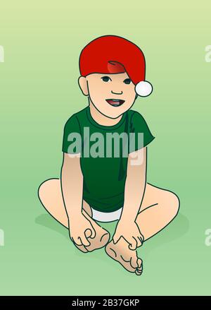 A little boy in a red cap sits on the floor, holding his hands to his feet. Modern flat vector illustration. Stock Vector