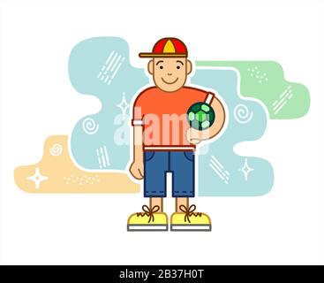 Boy With A Soccer Ball, Cartoon Character. Little Boy Soccer Player In A Baseball Cap, T-shirt, Shorts. For Printing On Fabric, T-shirt, Print For Tex Stock Vector