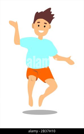 Barefoot jumping boy with dark hair in a green T-shirt and blue shorts. Vector illustration isolated. Stock Vector