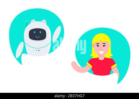 Robot chatbot head icon sign in the speech bubble talking with girl flat style design vector illustration isolated on white background. Cute AI bot he Stock Vector