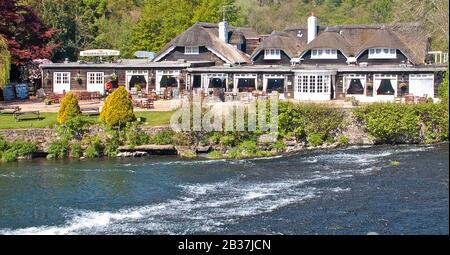 Fishermans Cot an old thatched roof  riverside Pub Inn operated by Marstons set in waterfront location on River Exe in Devon countryside England UK Stock Photo