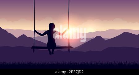 girl on a swing purple mountains landscape at sunset vector illustration EPS10 Stock Vector