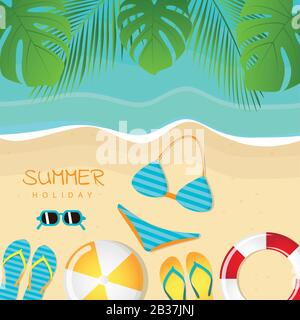 different beach utensils summer holiday background with flip flops sunglasses bikini crab and starfish vector illustration EPS10 Stock Vector