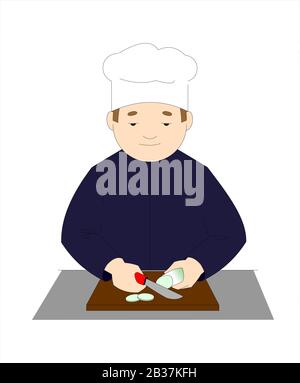 The Cook Cuts The Vegetables On a Cutting board With a Knife. Stock Vector