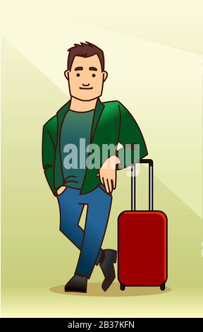 The guy goes on vacation or a business trip. A man stands leaning on a suitcase. Modern flat vector illustration isolated. Stock Vector