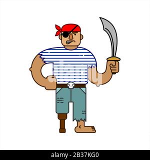 Evil Saber Pirate, Cartoon Character. Halloween For Printing On Fabric, T-shirt, Print For Textile, Banner, Poster. Flat Vector Illustration Isolated Stock Vector