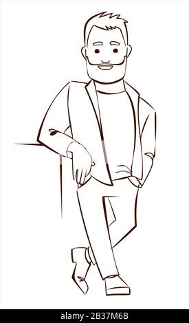 A man with a beard in anunbuttoned jacket or shirt stands with his elbow on something, the other hand in his trouser pocket. Outline. Modern flat vect Stock Vector