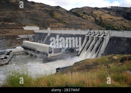 The Clyde Dam, built on the Clutha River near the small town of Clyde. It is the 3rd largest hydroelectric dam in New Zealand. Stock Photo