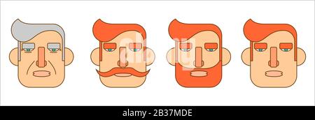 Stylized Male Face. Hipster, A Man With a Beard, With a Mustache. Old Man, Young Man. Persons Men Of Different Ages. Vector Image on white background. Stock Vector