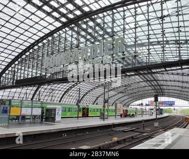 Berlin, Germany - April 29, 2019: The beautiful and crowded Berlin Hauptbahnhof main train station in Germany. Stock Photo