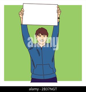 A man holds over his head on outstretched hands a blank sheet for text or image. Modern flat vector illustration. Stock Vector