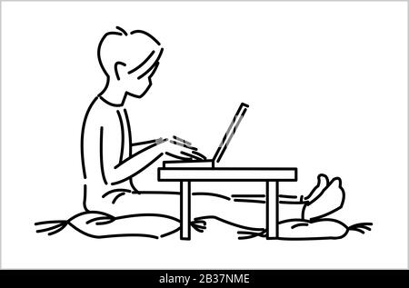 A man drawn by lines sits on a pillow at a low table, looks into a laptop, side view. Modern flat vector illustration isolated, outline. Stock Vector