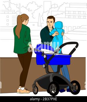 Family. Mom, Dad and Baby. Parents walk with the child, dad holds his son in his arms. Modern flat vector image isolated on white background. Stock Vector