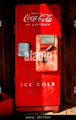 A vintage 1950s Cavalier Coca-Cola vending machine stands outside Berry’s Seafood and Catfish House, Aug. 20, 2019, in Florence, Mississippi. Stock Photo