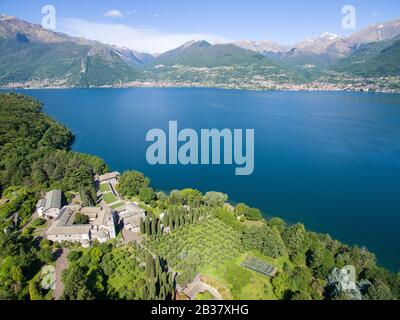 Aerial - Lake Como (IT) - Cluniacense Abbey of Santa Maria di Piona (1138) Stock Photo