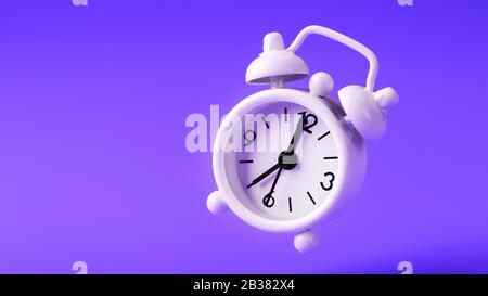 White retro style alarm clock in levitation isolated on purple background. Hands on the clock 7: 00, 19: 00. Minimalistic creative modern still life p Stock Photo