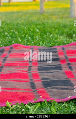 Picnic or Beach mat and grass Background in summer Stock Photo