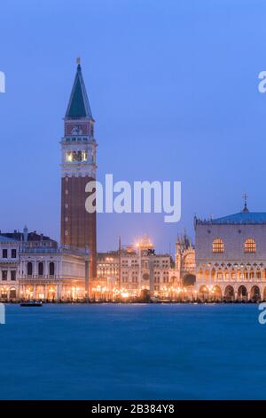 View from the Bacino di San Marco towards the Saint Mark's square with the Campanile Torre dell Orologio and the Doge's palace, Venice, Veneto; Italy Stock Photo