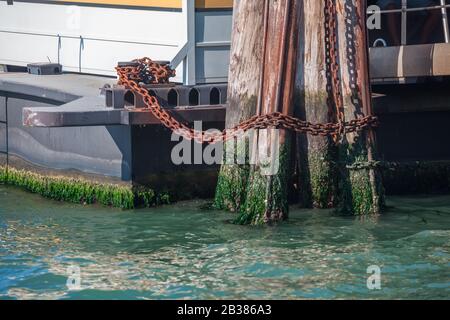 Pier wooden poles tightened together by rusty chains on canal in Venice Stock Photo