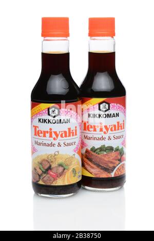 IRVINE, CA - DECEMBER 29, 2014: Two 10 ounce bottles of Kikkoman Teriyaki Marinade and Sauce. Since 1961 Kikkoman has been a leader with their teriyak Stock Photo