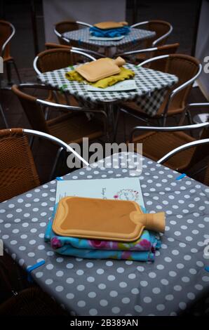 Saffron Walden, UK. 04th Mar, 2020. Saffron Walden Essex UK. Hot water bottle and blanket waiting for outdoor customers on a cold spring day at local Vintage Tea Rooms. 4 March 2020 Credit: BRIAN HARRIS/Alamy Live News