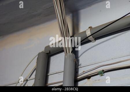 Cables for connecting to the Internet on a wall background. A LAN cable group is routed inside plastic pipes. Communications inside the apartment buil Stock Photo