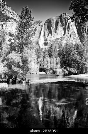 black and white image, of lower waterfall, Cook meadow Yosemite National Park,located in the western Sierra Nevada, Central California, America Stock Photo