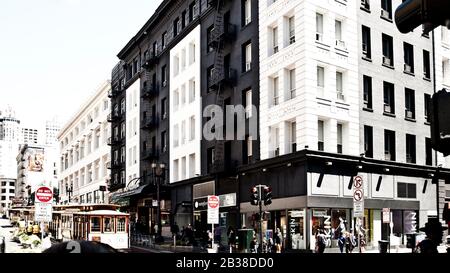 street view of Black and white painted buildings downtown area, San Francisco,California.USA. Stock Photo