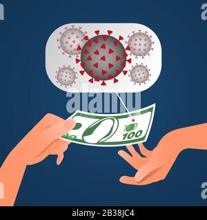 Concept of paper money contaminated by coronavirus, human hand holds banknote. On blue gradient background, flat vector illustration Stock Vector