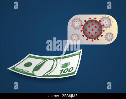 Concept of paper money contaminated by coronavirus On blue gradient background,Concept of paper money contaminated by coronavirus On blue gradient Stock Vector