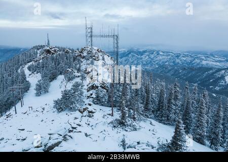 Communication towers and power lines on the summit of Squaw Mountain, Arapaho National Forest, Colorado. Stock Photo