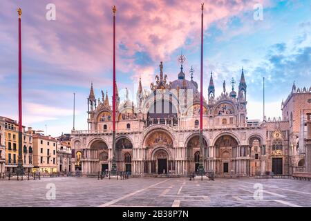 Cathedral Basilica of Saint Mark viewed from Piazza San Marco at sunrise, Venice, Italy. Stock Photo