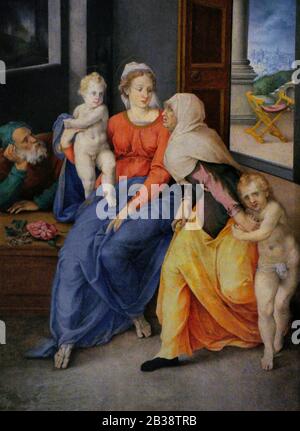 Giulio Giorgio Clovio (1498-1578). Italian painter. Holy Family with Saints John and Elizabeth, 1556-1557. Lazaro Galdiano Museum. Madrid. Spain. Stock Photo