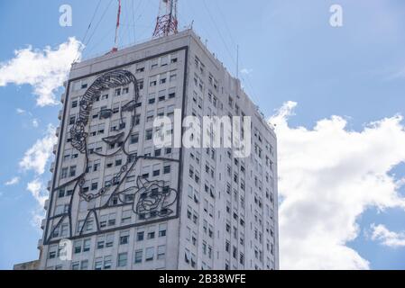 Buenos Aires, Argentina; March 24, 2019: The image of Eva Peron smiling over the south face of the Ministry of Public Works Stock Photo