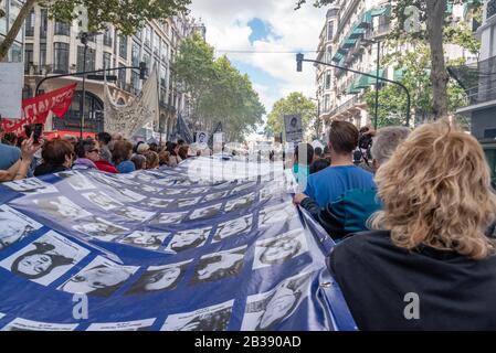 Buenos Aires, Argentina; March 24, 2019: The 30000 disappeared flag on the popular manifestation for 43 years of the putsch during the National Day of