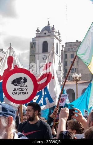 Buenos Aires, Argentina; March 24, 2019: A banner that says 'Judgement and punish'  Popular manifestation for 43 years of the putsch during the Nation