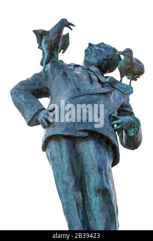 Dinard, France. 2010. Statue of British filmmaker Alfred Hitchcock with seagulls on shoulders, Brittany against white background Stock Photo