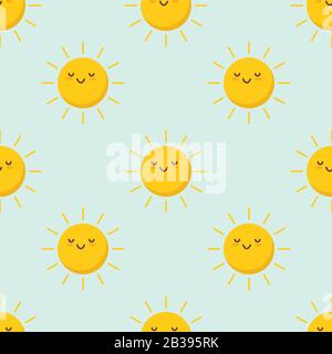 Cute vector pattern of SUN characters. Funny happy smiley suns for kids fashion, baby showers and birthdays. Bright and beautiful cartoon seamless Stock Vector