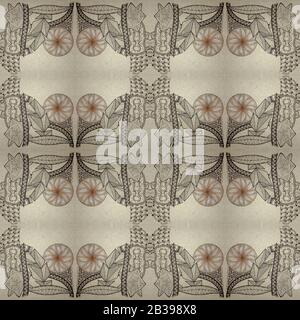 Seamless backdrop in the style of zenart. Geometric shapes, feathers and leaves. Hand-drawn. Stock Photo