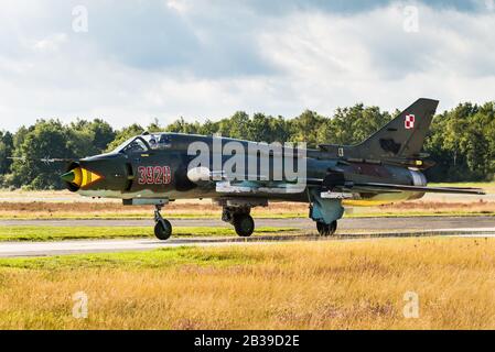 A Sukhoi Su-17 'Fitter' variable-sweep wing fighter-bomber aircraft of the Polish Air Force. Stock Photo
