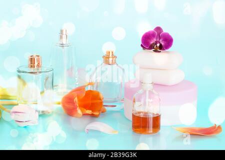 Beauty arrangement on blue background Stock Photo