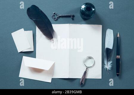 Vintage writing set with feathers Stock Photo