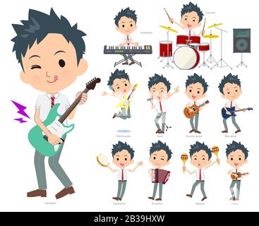 A set of school boy playing rock 'n' roll and pop music.There are also various instruments such as ukulele and tambourine.It's vector art so it's easy Stock Vector