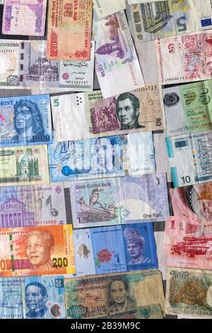 Closeup on banknotes collection from all around world Stock Photo