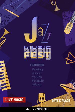 Jazz music fest flat color vector poster template Stock Vector