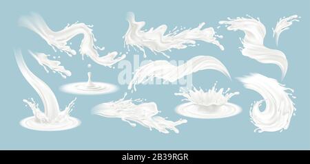 Set of realistic splashes of milk isolated on a blue background. White fluid. Vector illustration Stock Vector